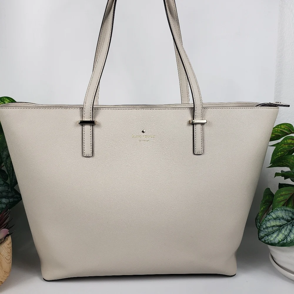 Kate Spade HUGE Cream Leather Tote Travel Bag Luggage Nuetral Normcore 19 x 11